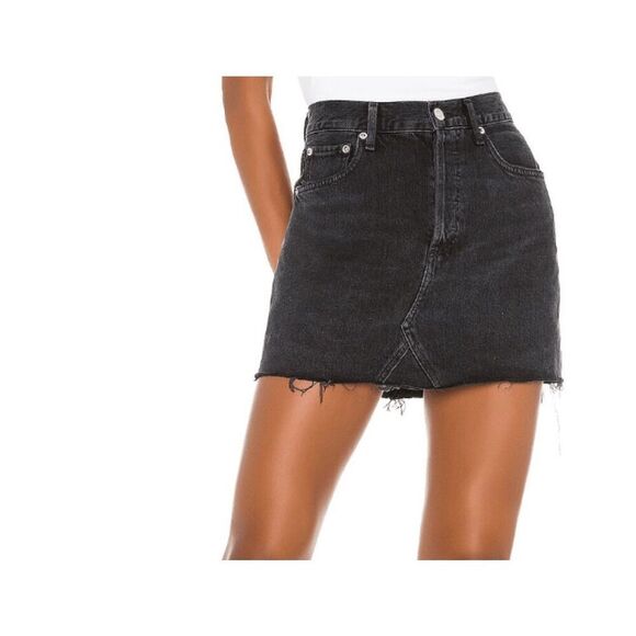 Agolde Black Wash Pose Denim Quinn High Rise Cut-Off Jean Skirt Women's Size 23 - Picture 1 of 7